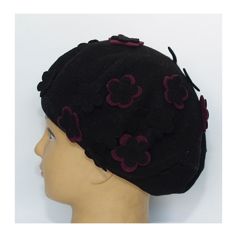 Beret wełniany100% Woolmark czarny stokrotki lila